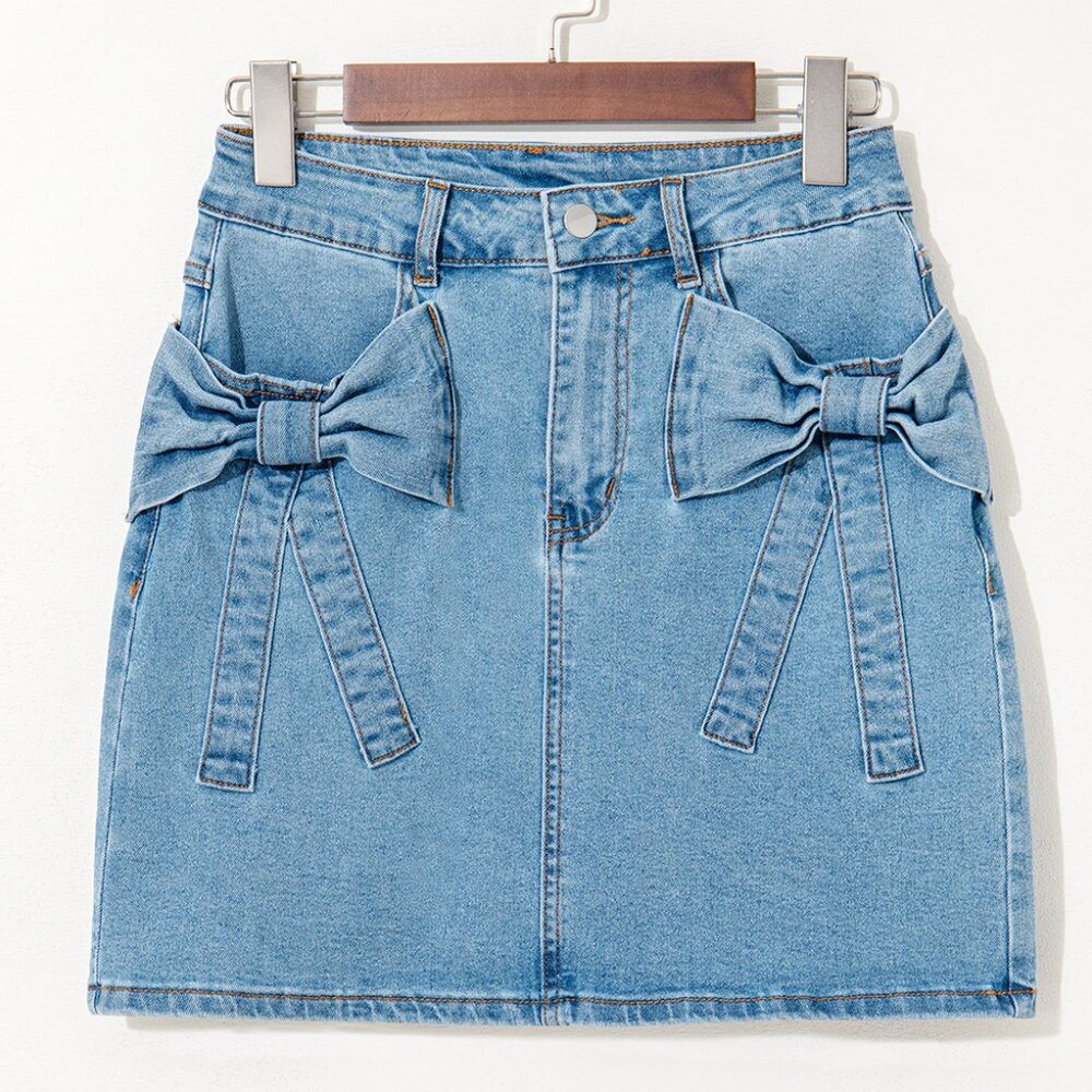 💙 Dusk Blue Acid Wash Denim Skirt with Bowknot – High-Waist & Head-Turning!